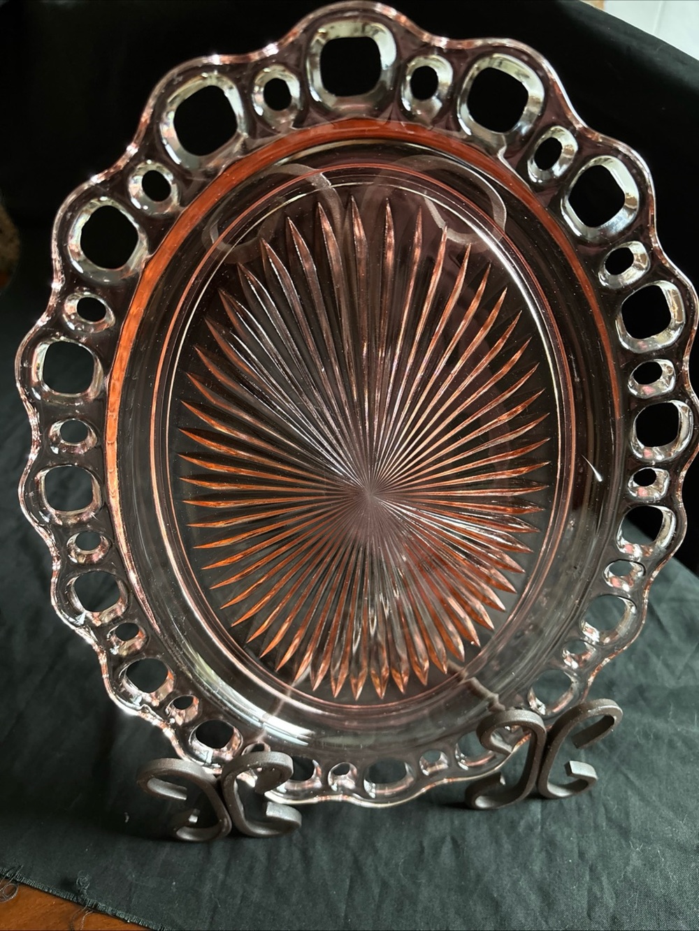 Vintage pink depression glass platter Anchor Hocking “Old Colony” lace edge 13”
